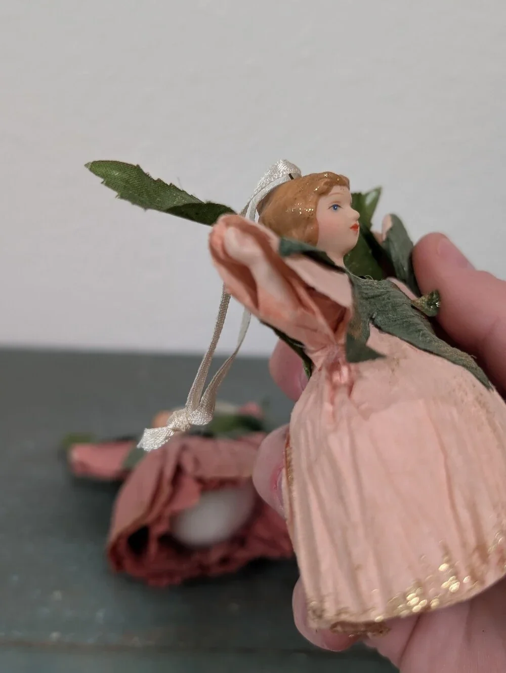 Set of 3 Flower Fairy Doll Ornaments Paper-Crepe Wings Cottagecore Cotton Body